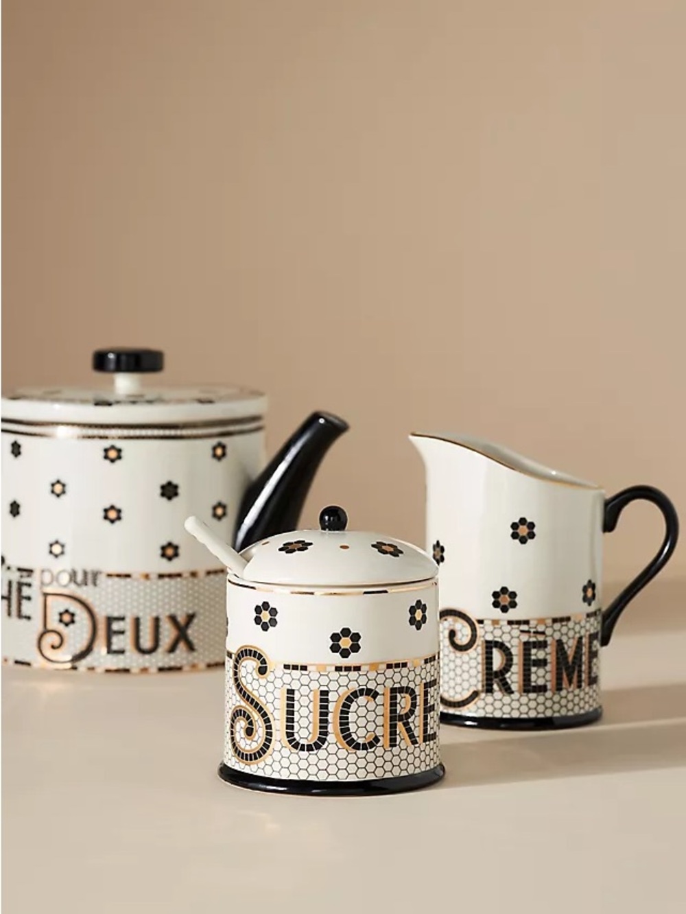 Anthropologie Cream and Black Sucre Ceramic Sugar Jar with Floral Motif